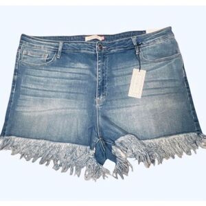 Glitzy Girl Wm’s Sz 26 Medium Blue High Waisted Frayed Hem Denim Shorts  New